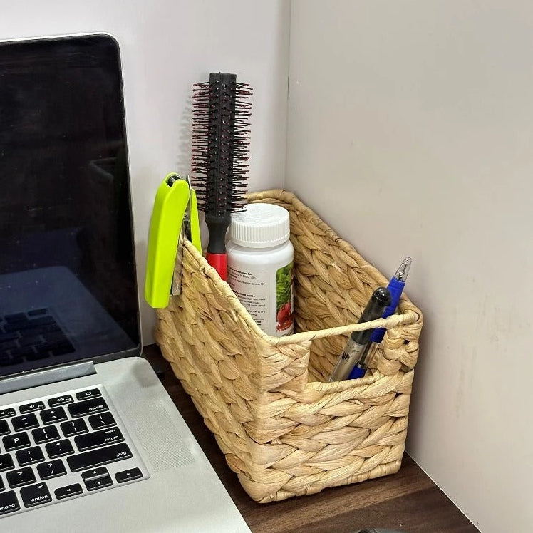 Handwoven Natural Rattan Organizer Tray, Boho Desk Storage Box, Multipurpose Basket for Home & Office Decor