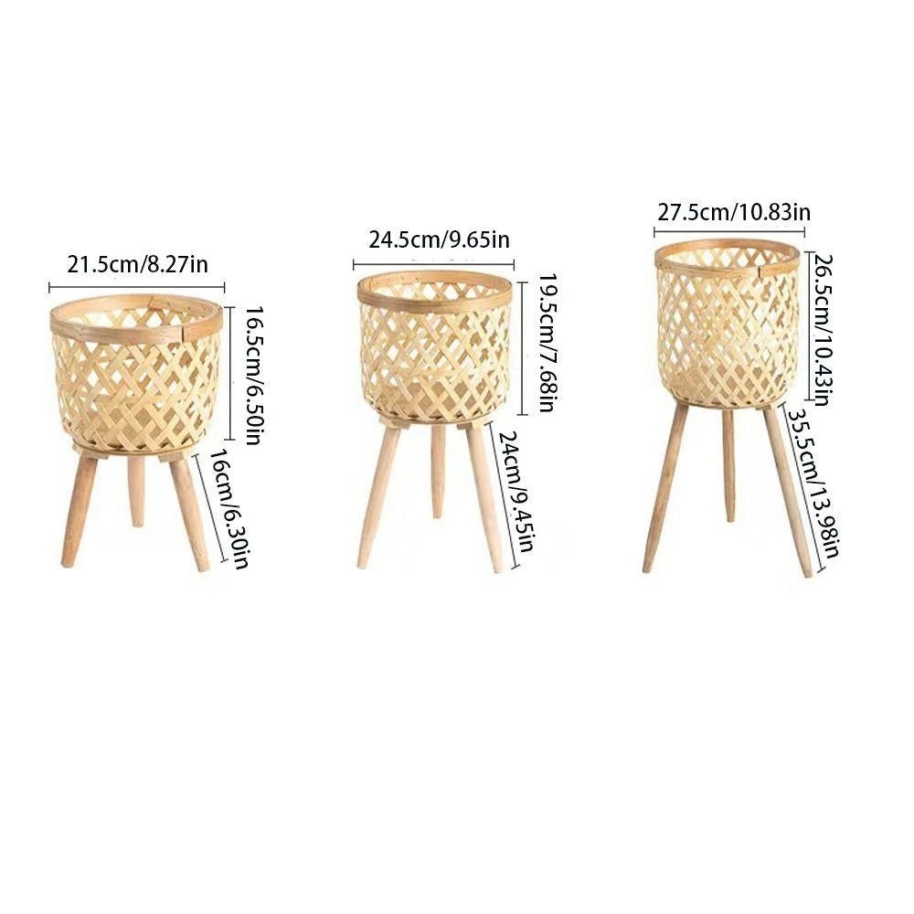 Handwoven Bamboo Planter with Wooden Stand – Natural Rattan Flower Pot Holder, Boho Indoor Plant Basket for Home Decoration