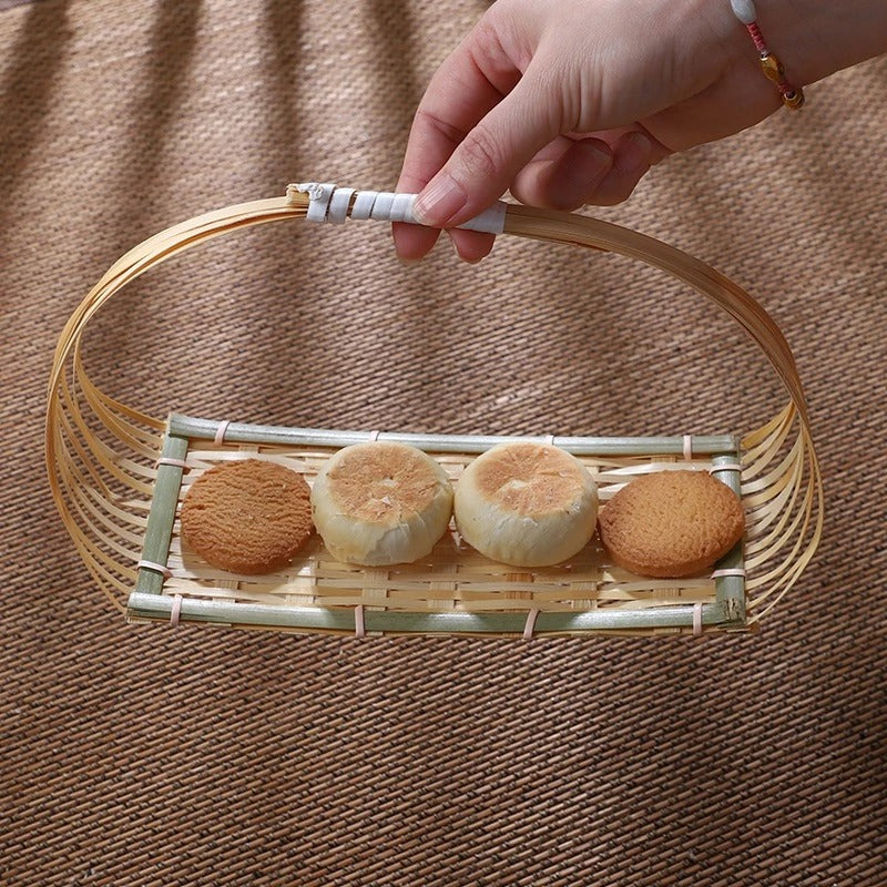Handwoven Bamboo Serving Tray with Handle – Natural Rattan Decorative Basket, Boho Table Organizer for Tea, Snacks & Home Decor